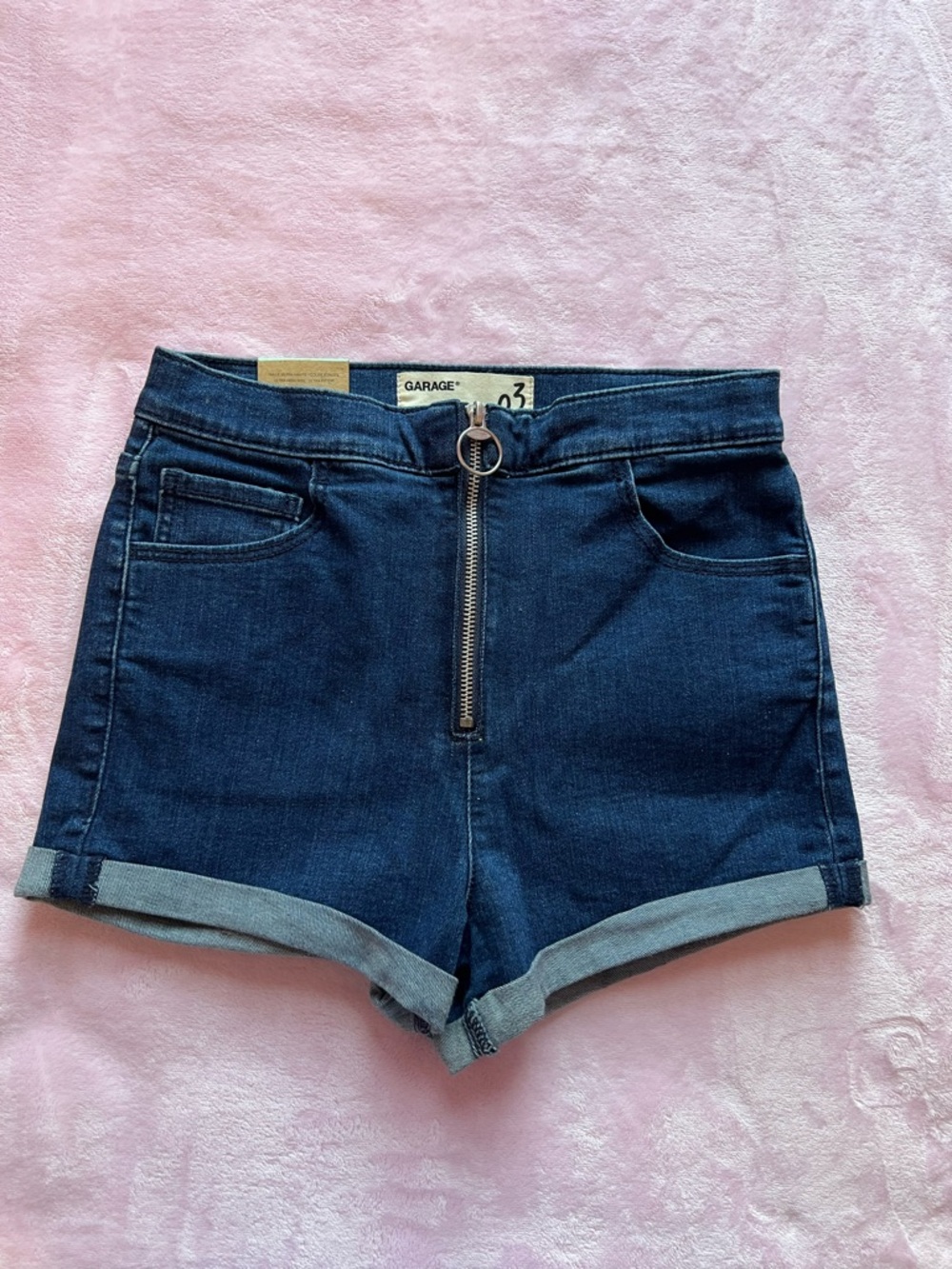 Garage Dark Blue High-Rise Denim Shorts with Ring Zip